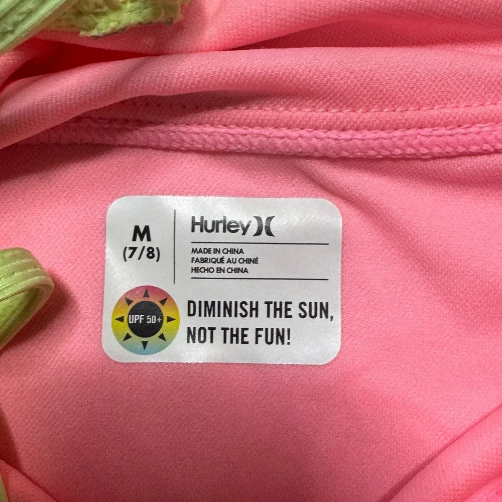 Hurley Girls Pink Orange Ribbed One Piece‎ Swimsuit Cutout UPF 50+ Size 7/8 M